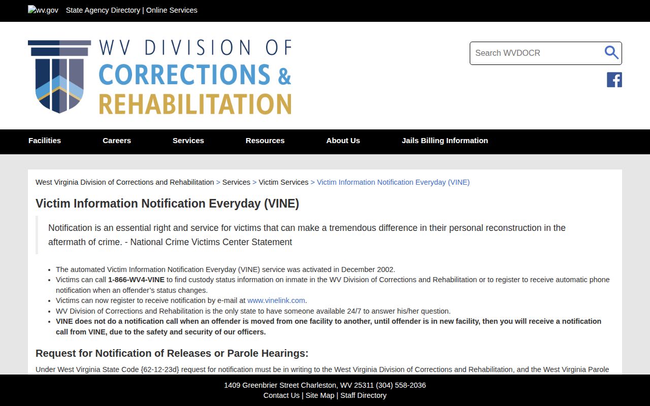 West Virginia VINE telephone registration information for Barbour County release alerts